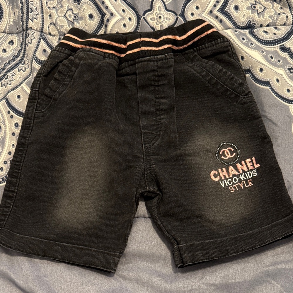 Chanel Kids Black and Pink Logo Shorts